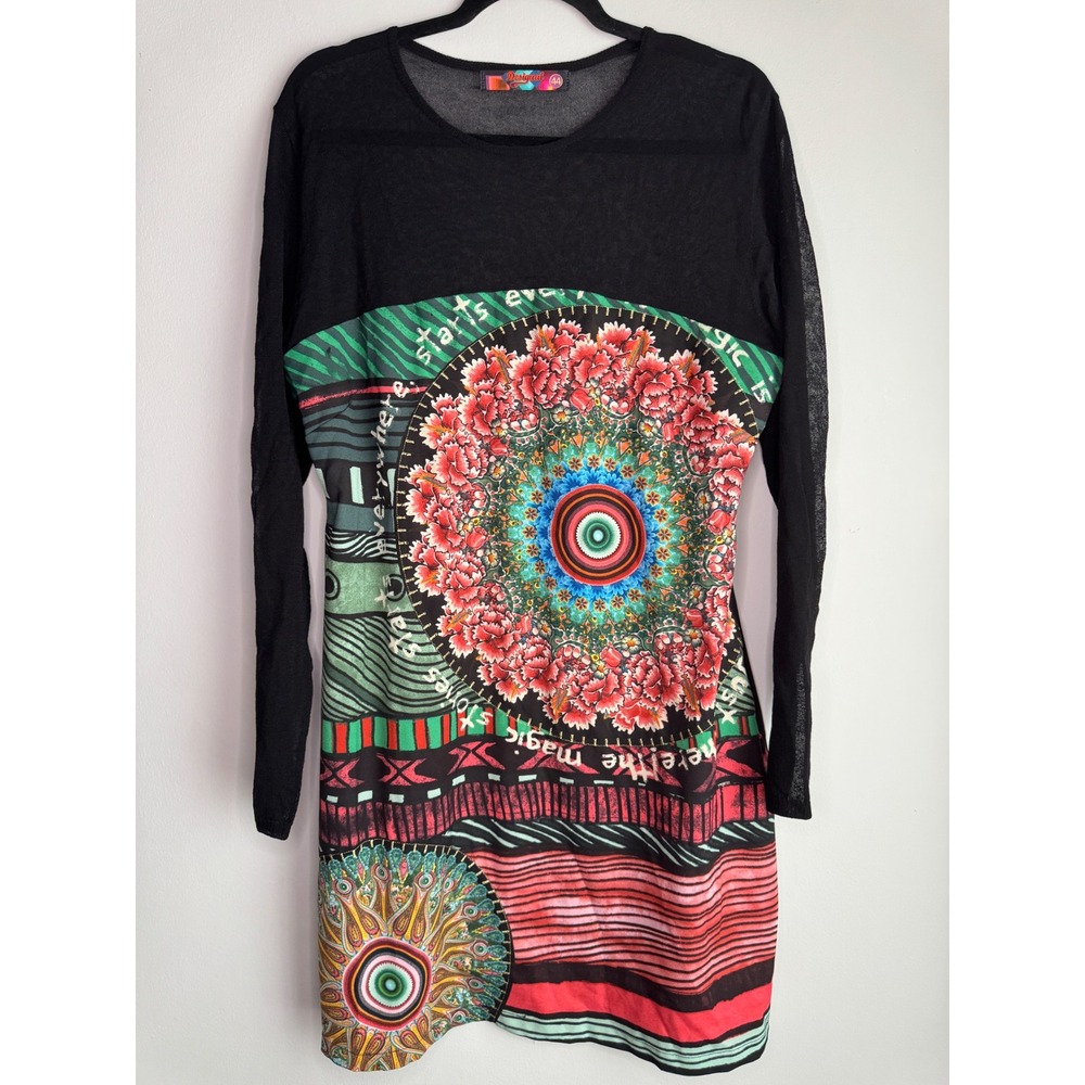 Desigual Mixed Media Floral Mandala Mini Dress Black Long Sleeve Size 44